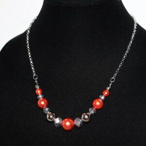 ✨ Sunset Sparkle Necklace · Silver, Crystal & Orange Pearls · 20–22" ✨